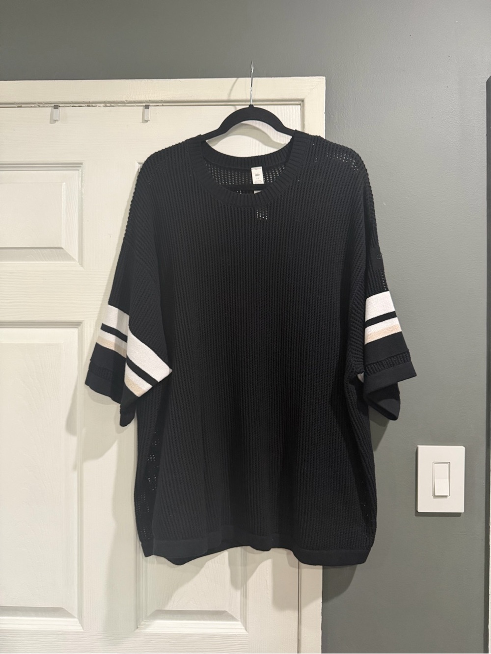 ALO Black Knit Short-Sleeve Sweater with White Stripe Detail